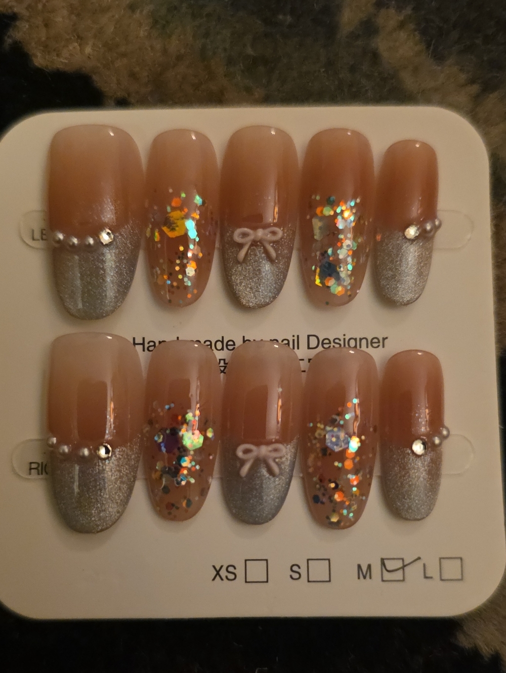 Neutral Brown & Silver Glitter Press-On Nail Set Of 10 with Bow Accent Size Med